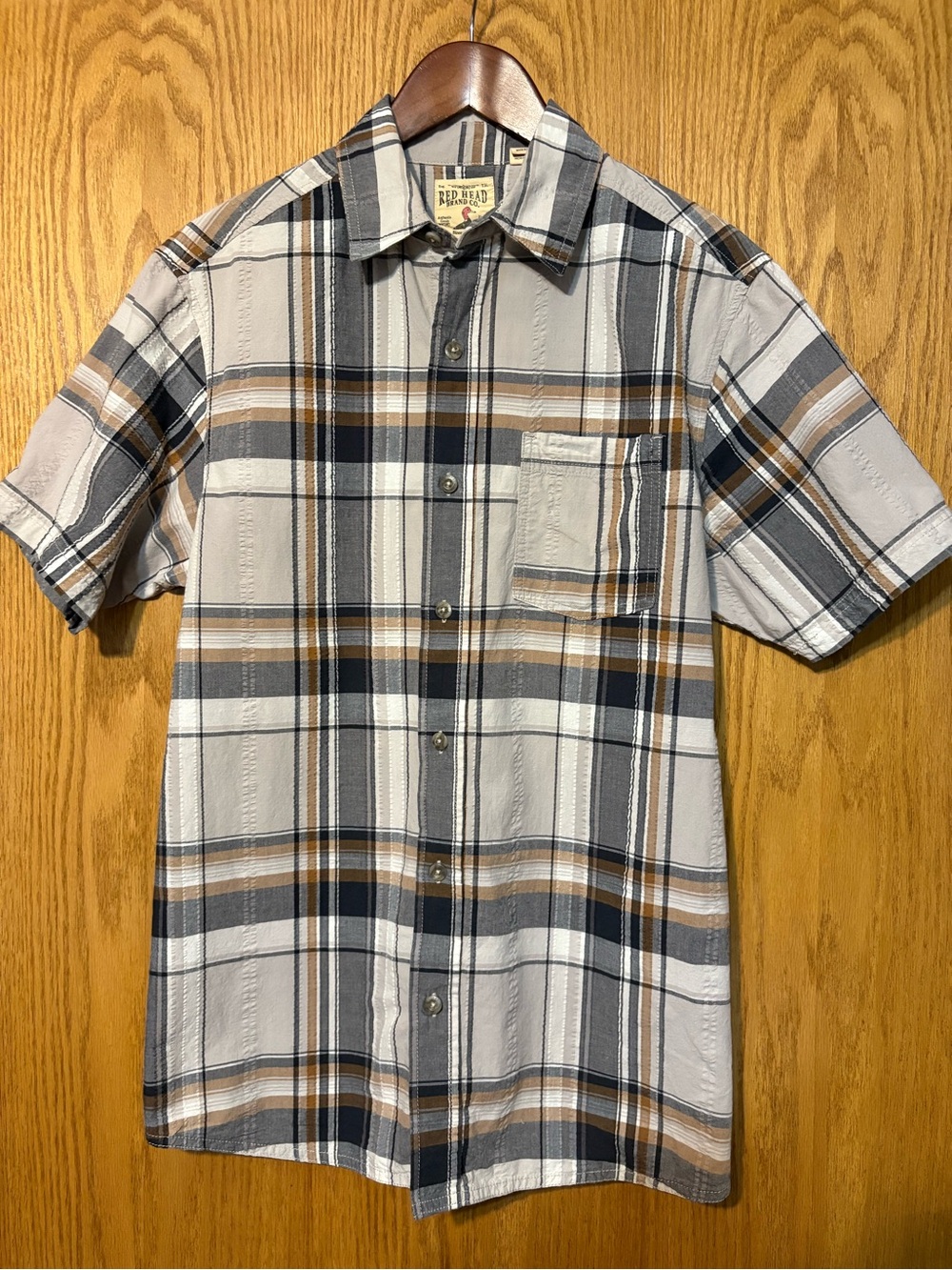 RedHead Men’s Plaid Button Down Short Sleeve Shirt Grey Tan Size Medium